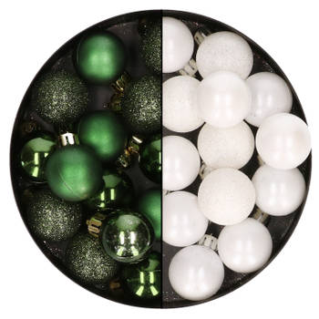 28x stuks kleine kunststof kerstballen wit en dennengroen 3 cm - Kerstbal