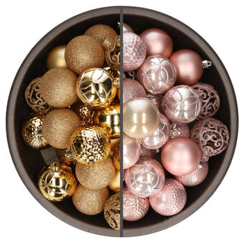 74x stuks kunststof kerstballen mix van goud en lichtroze 6 cm - Kerstbal