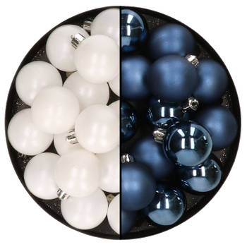 32x stuks kunststof kerstballen mix van wit en donkerblauw 4 cm - Kerstbal