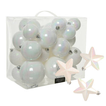 Pakket 32x stuks kunststof kerstballen en sterren ornamenten wit parelmoer - Kerstbal