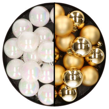 32x stuks kunststof kerstballen mix van parelmoer wit en goud 4 cm - Kerstbal