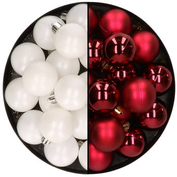 32x stuks kunststof kerstballen mix van wit en donkerrood 4 cm - Kerstbal
