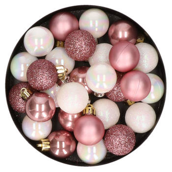28x stuks kunststof kerstballen parelmoer wit en oud roze mix 3 cm - Kerstbal