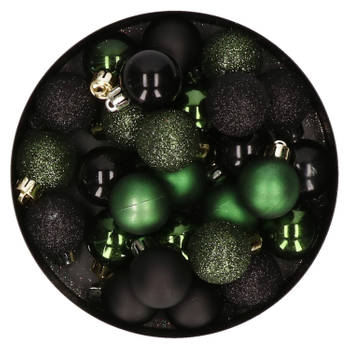 28x stuks kunststof kerstballen donkergroen en zwart mix 3 cm - Kerstbal