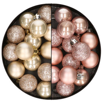 28x stuks kleine kunststof kerstballen lichtroze en champagne 3 cm - Kerstbal