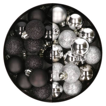28x stuks kleine kunststof kerstballen zwart en zilver 3 cm - Kerstbal