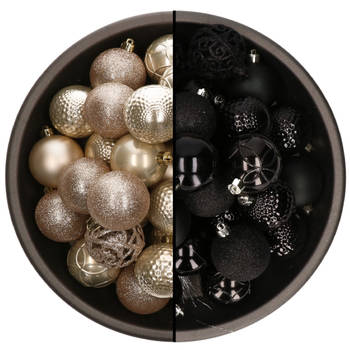 74x stuks kunststof kerstballen mix van champagne en zwart 6 cm - Kerstbal