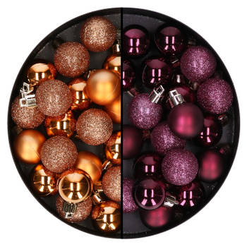 40x stuks kleine kunststof kerstballen koper en aubergine paars 3 cm - Kerstbal