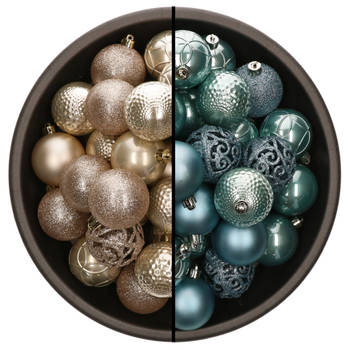 74x stuks kunststof kerstballen mix van champagne en ijsblauw 6 cm - Kerstbal