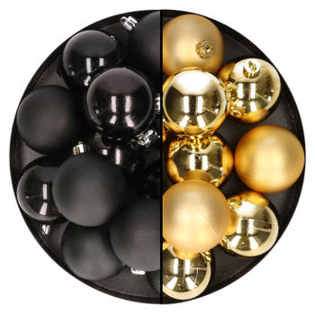 24x stuks kunststof kerstballen mix van goud en zwart 6 cm - Kerstbal