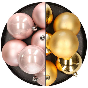 12x stuks kunststof kerstballen 8 cm mix van lichtroze en goud - Kerstbal