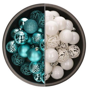 74x stuks kunststof kerstballen mix van wit en turquoise blauw 6 cm - Kerstbal