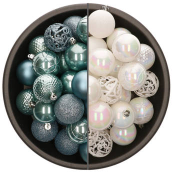 74x stuks kunststof kerstballen mix van parelmoer wit en ijsblauw 6 cm - Kerstbal