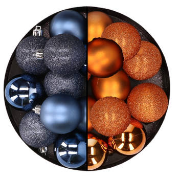 24x stuks kunststof kerstballen mix van donkerblauw en oranje 6 cm - Kerstbal