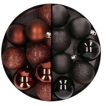 24x stuks kunststof kerstballen mix van donkerbruin en zwart 6 cm - Kerstbal