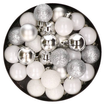 28x stuks kunststof kerstballen zilver en wit mix 3 cm - Kerstbal