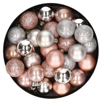 28x stuks kunststof kerstballen lichtroze en zilver mix 3 cm - Kerstbal