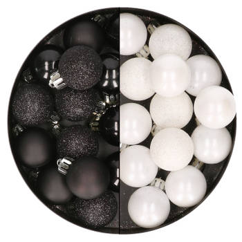 28x stuks kleine kunststof kerstballen wit en zwart 3 cm - Kerstbal