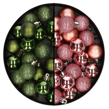 40x stuks kleine kunststof kerstballen groen en roze 3 cm - Kerstbal