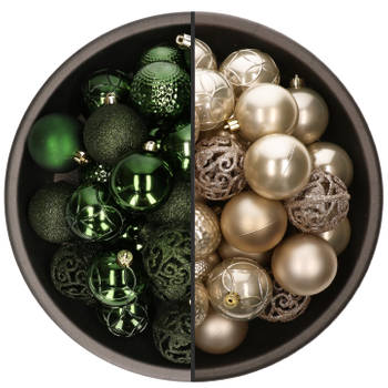 74x stuks kunststof kerstballen mix van champagne en donkergroen 6 cm - Kerstbal