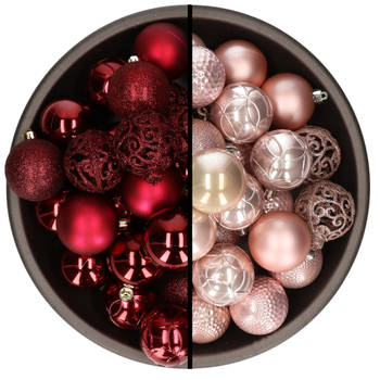 74x stuks kunststof kerstballen mix van donkerrood en lichtroze 6 cm - Kerstbal