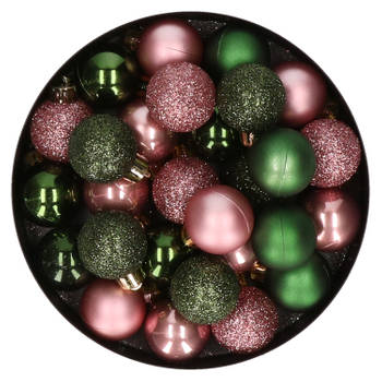 28x stuks kunststof kerstballen donkergroen en oudroze mix 3 cm - Kerstbal