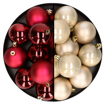 24x stuks kunststof kerstballen mix van donkerrood en champagne 6 cm - Kerstbal