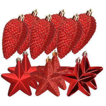 Dennenappels en sterren kerstornamenten - 12 stuks - kunststof - rood - Kersthangers