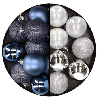 24x stuks kunststof kerstballen mix van donkerblauw en zilver 6 cm - Kerstbal