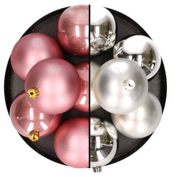 12x stuks kunststof kerstballen 8 cm mix van zilver en oudroze - Kerstbal