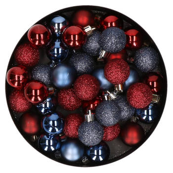 Set van 40x stuks kunststof kerstballen mix donkerrood en donkerblauw 3 cm - Kerstbal