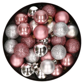 28x stuks kunststof kerstballen zilver en oudroze mix 3 cm - Kerstbal