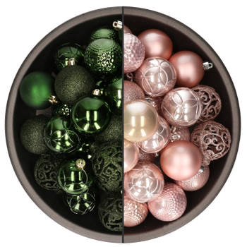 74x stuks kunststof kerstballen mix van lichtroze en donkergroen 6 cm - Kerstbal