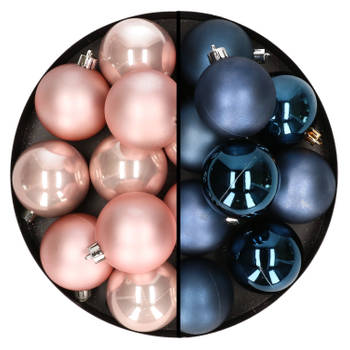 24x stuks kunststof kerstballen mix van lichtroze en donkerblauw 6 cm - Kerstbal