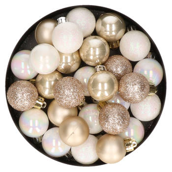28x stuks kunststof kerstballen parelmoer wit en parel champagne mix 3 cm - Kerstbal