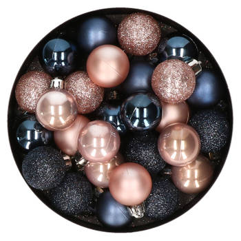 28x stuks kunststof kerstballen lichtroze en donkerblauw mix 3 cm - Kerstbal