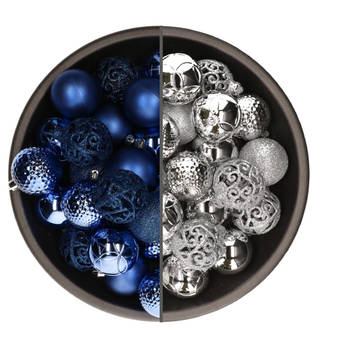 74x stuks kunststof kerstballen mix van kobalt blauw en zilver 6 cm - Kerstbal