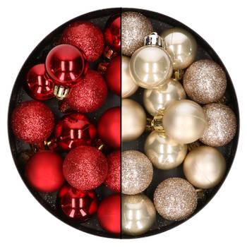 28x stuks kleine kunststof kerstballen rood en champagne 3 cm - Kerstbal