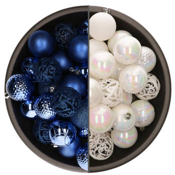 74x stuks kunststof kerstballen mix van parelmoer wit en kobalt blauw 6 cm - Kerstbal