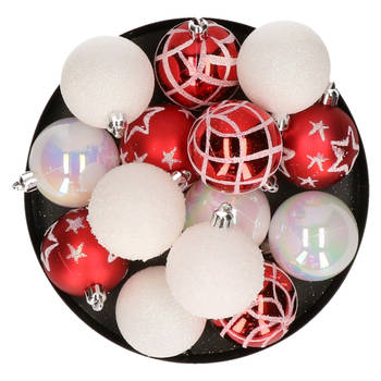 15x stuks kerstballen mix wit/rood gedecoreerd kunststof 5 cm - Kerstbal