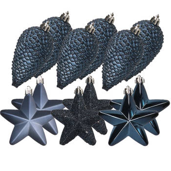 Dennenappels en sterren kerstornamenten - 12 stuks - kunststof - donkerblauw - Kersthangers