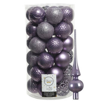 37x stuks kunststof kerstballen 6 cm incl. glanzende glazen piek lila paars - Kerstbal