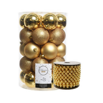 34x stuks kunststof kerstballen 8 cm inclusief kralenslinger goud - Kerstbal