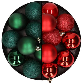 24x stuks kunststof kerstballen mix van donkergroen en rood 6 cm - Kerstbal