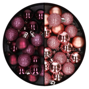 40x stuks kleine kunststof kerstballen aubergine paars en roze 3 cm - Kerstbal