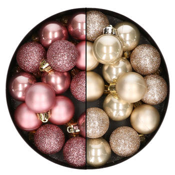 28x stuks kleine kunststof kerstballen champagne en oudroze 3 cm - Kerstbal