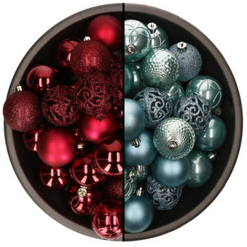 74x stuks kunststof kerstballen mix van donkerrood en ijsblauw 6 cm - Kerstbal