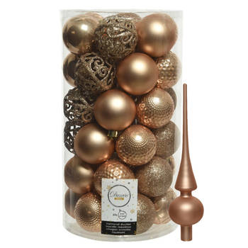 37x stuks kunststof kerstballen 6 cm incl. glazen piek toffee bruin - Kerstbal