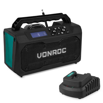 VONROC Accu bouwradio 20V - FM, bluetooth & USB - Bass-reflex poort speakers - Incl. 2.0Ah accu en snellader