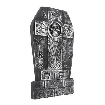 Horror kerkhof decoratie grafsteen RIP met kruis en schedel 50 x 27 cm - Feestdecoratievoorwerp